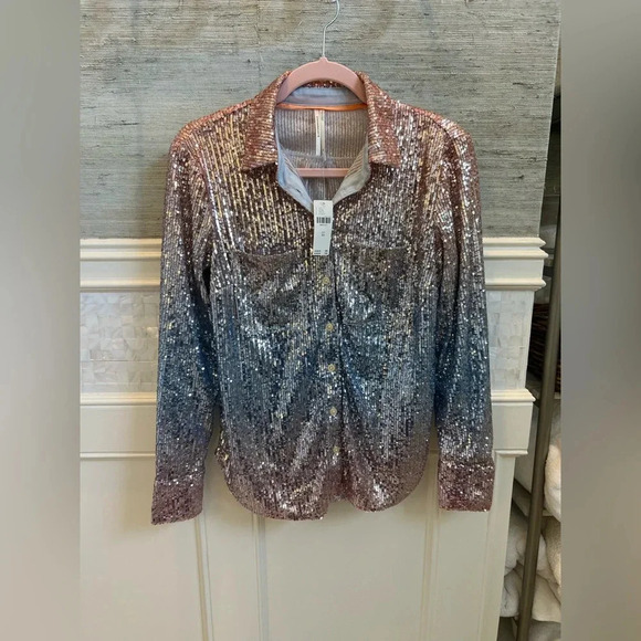 NWT new Anthropologie ombré sequin button down shirt XS blue peach pastel - Picture 3 of 17